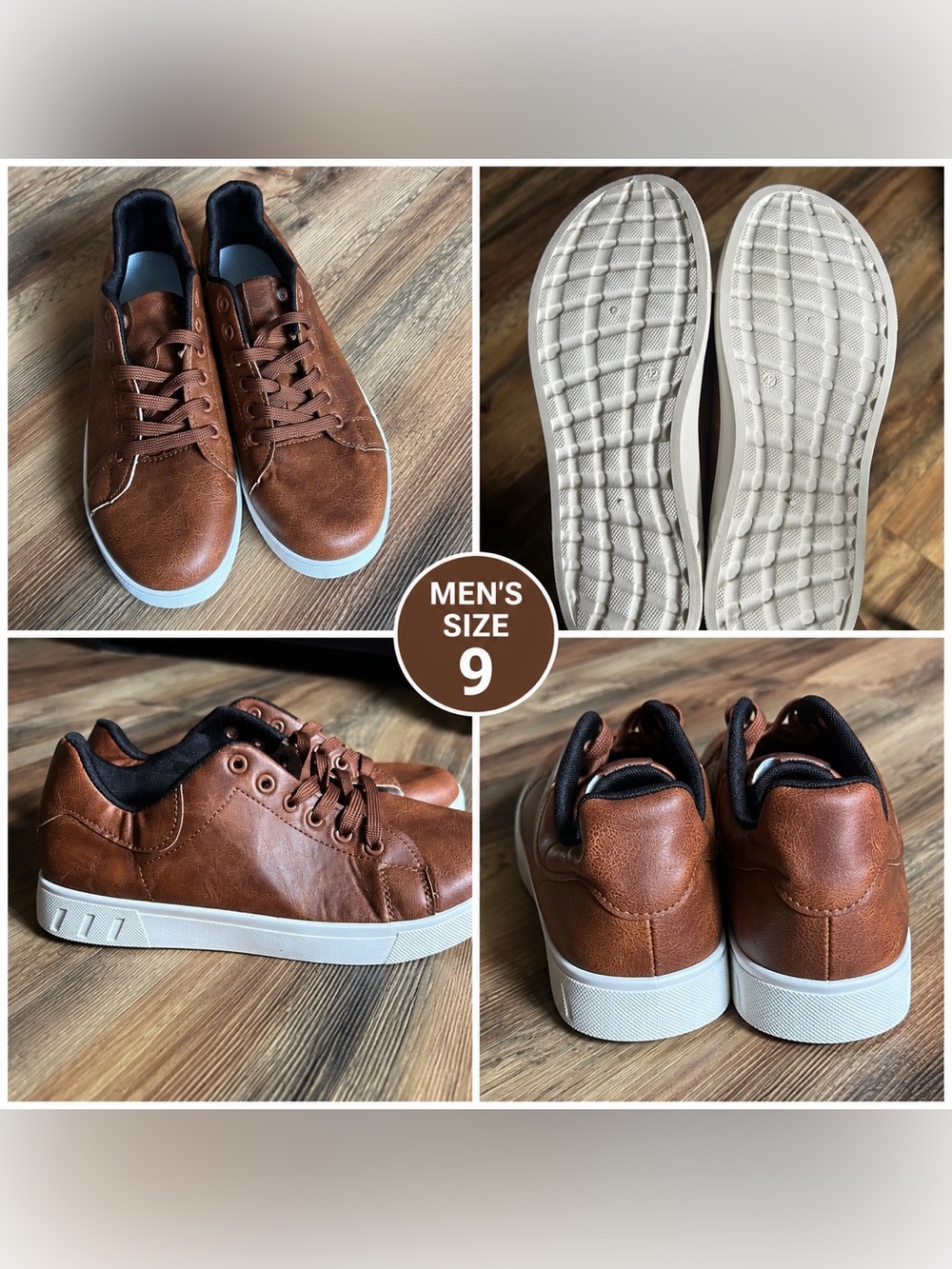Men's Casual Brown Leather-Look Sneakers, Size 9
